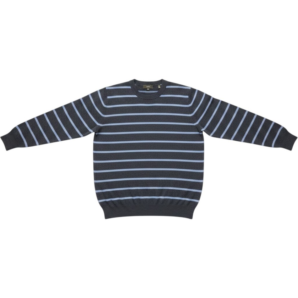 Vince 100% Wool Sweater Mens XL Blue Stripe Crew Neck Cozy Soft Ribbed‎ Cuffs